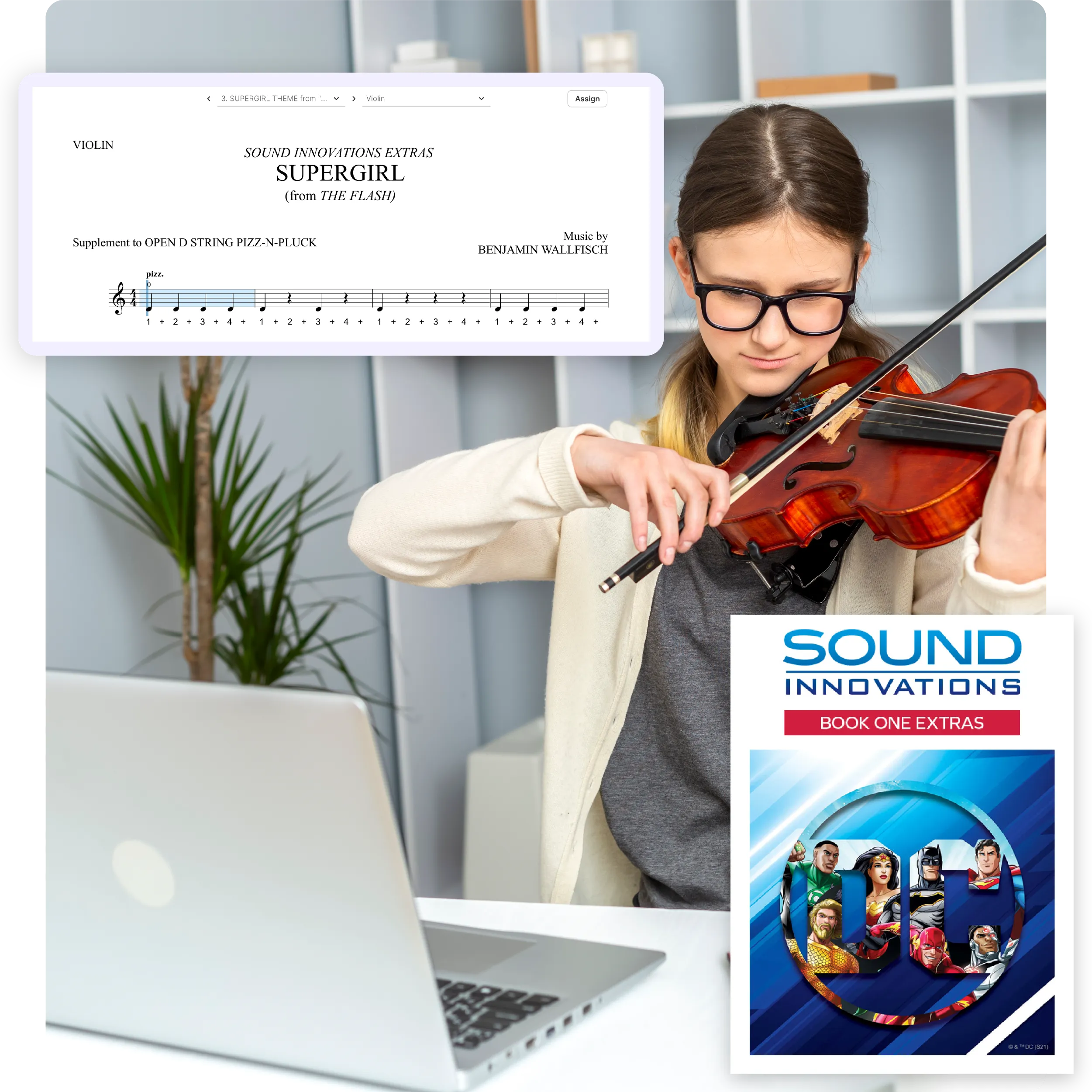 teacher in front of a laptop with easy enroll and LMS sync features highlighted