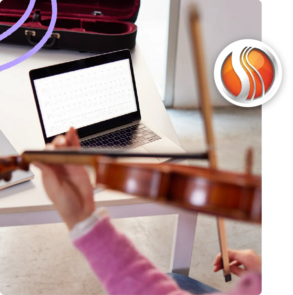Student practicing violin while using MakeMusic Cloud on a laptop