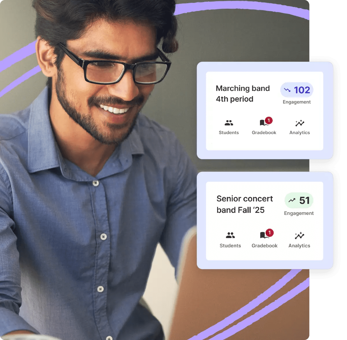 Teacher viewing engagement score on laptop with UI overlay