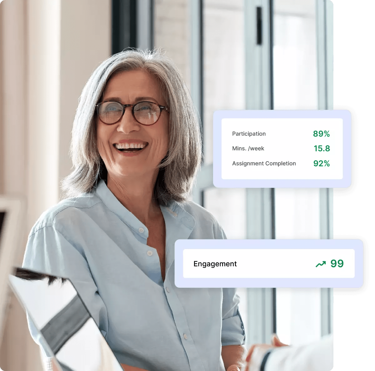 Teacher happily discussing metrics with analytics screenshot overlays