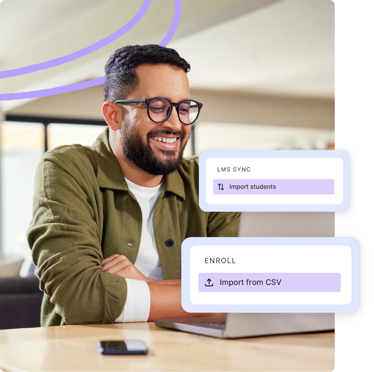 teacher in front of a laptop with easy enroll and LMS sync features highlighted